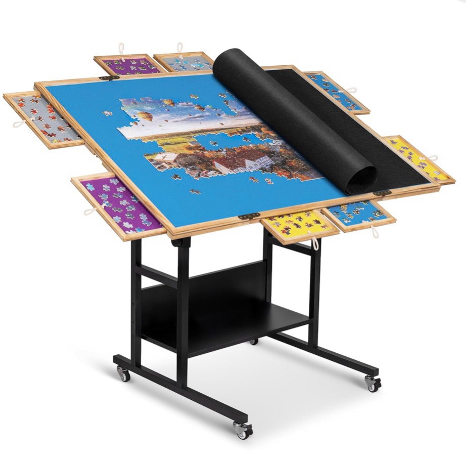 becko us 2000 piece tilting & foldaway jigsaw puzzle table with 8 drawers & cover, foldable jigsaw puzzle board with 5 tilt angles & height adjustment, puzzle storage, for 2000 pieces jigsaw puzzles ( used)
