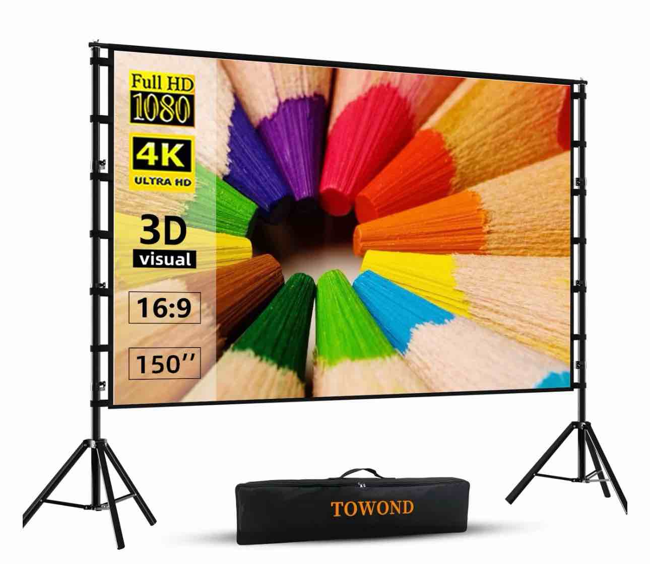 projector screen and stand,towond 150 inch indoor outdoor projection screen, portable 16:9 4k hd rear front movie screen