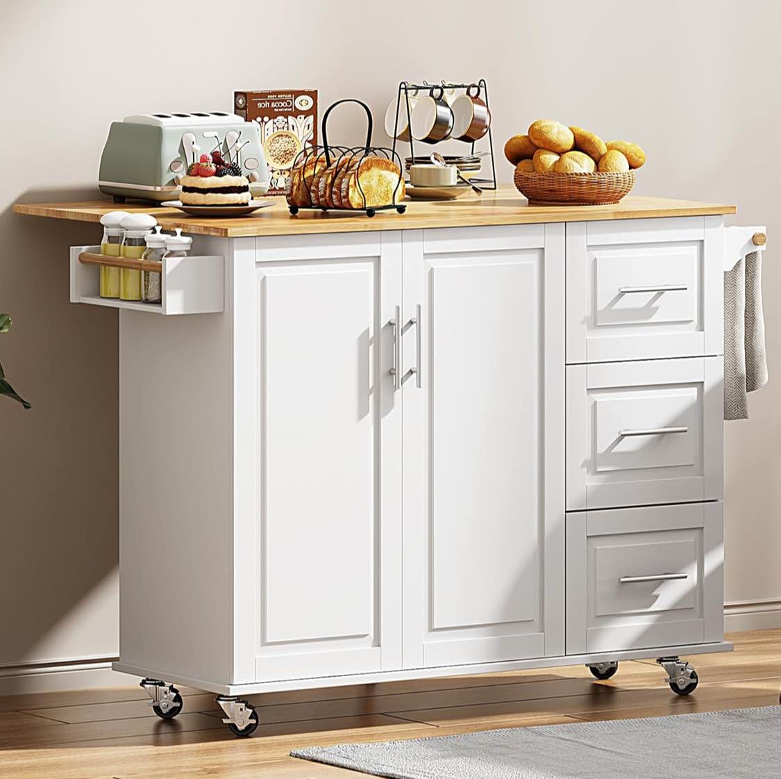 SDHYL Mobile Kitchen Island with Storage, Kitchen Cart with Drop Leaf, Spice Rack, Towel Rack, Rolling Kitchen Storage Cabinet with Drawer for Kitchen, Dining & Living Room, 43.7L x 30.3W x 35.4H in ( similar in stock color brown)
