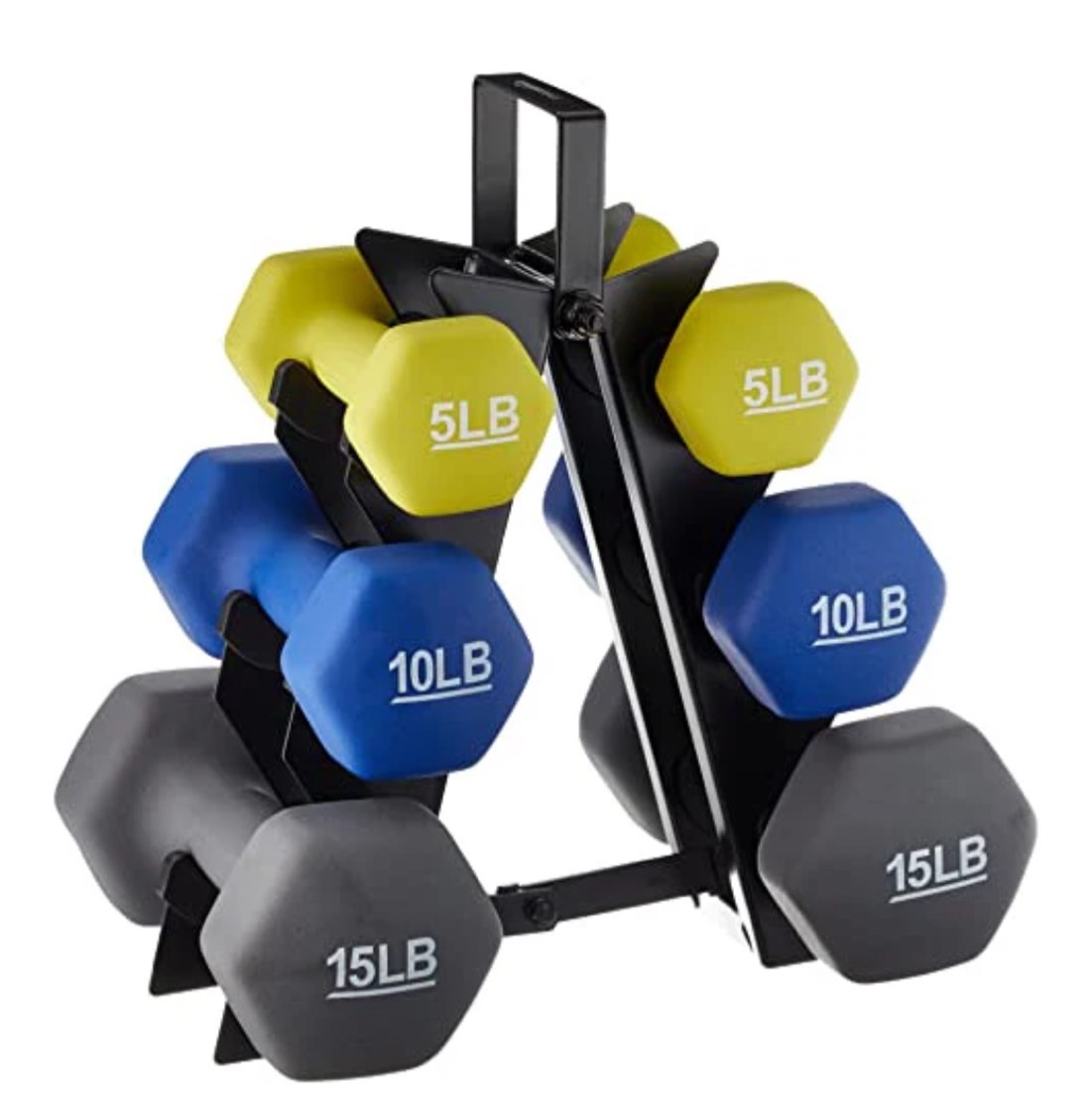 Amazon Basics Neoprene Dumbbell Hand Weights, Rack with 3 Pairs (5, 10, and 15 Pounds), Green/Blue/Grey