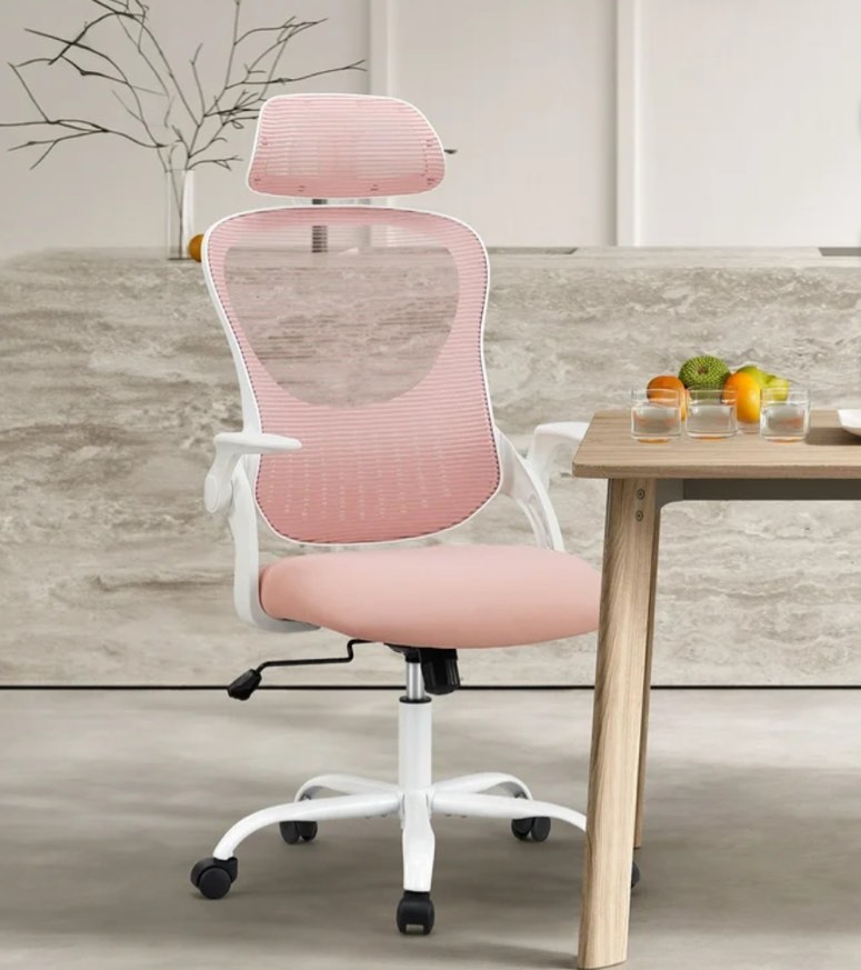 JOINSUN Ergonomic Mesh Office Chair: Lumbar Support, Flippable Armrests, Adjustable Headrest - Pink