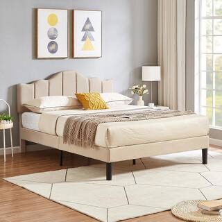 Platform Bed Frame, Beige Metal Frame Queen Size Platform Bed with Headboard Fabric Upholstered Wood Slat Support