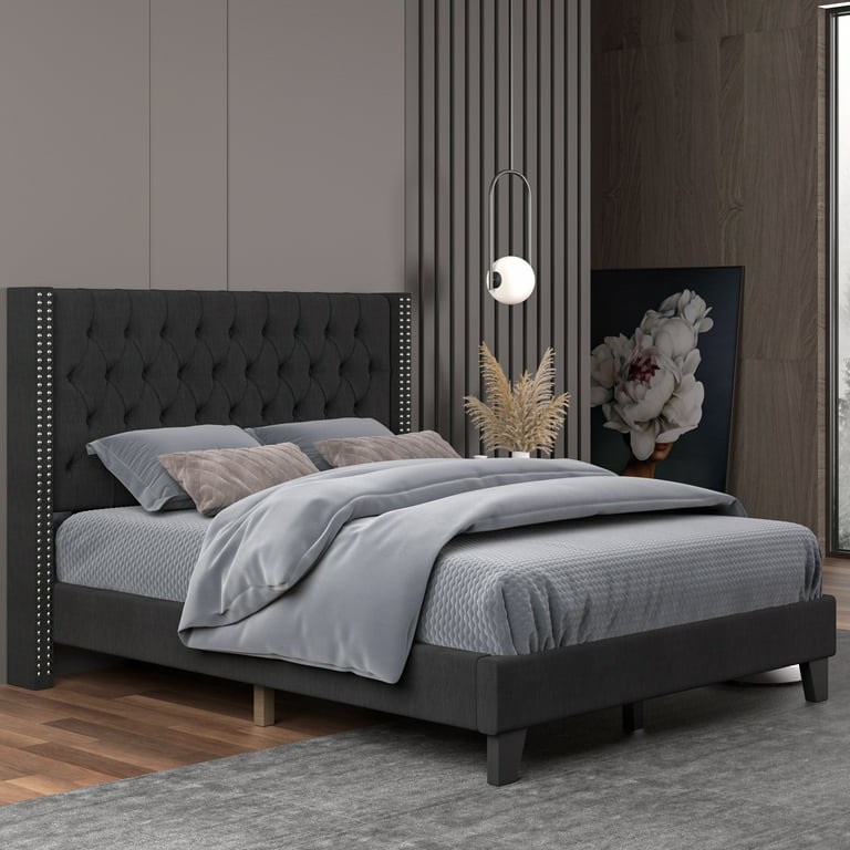 Nathaniel Home, Fabric Linen King Bed Frame, with Tufted Upholstered Headboard, Nailhead Button Platform Bed Frame for Bedroom, Black