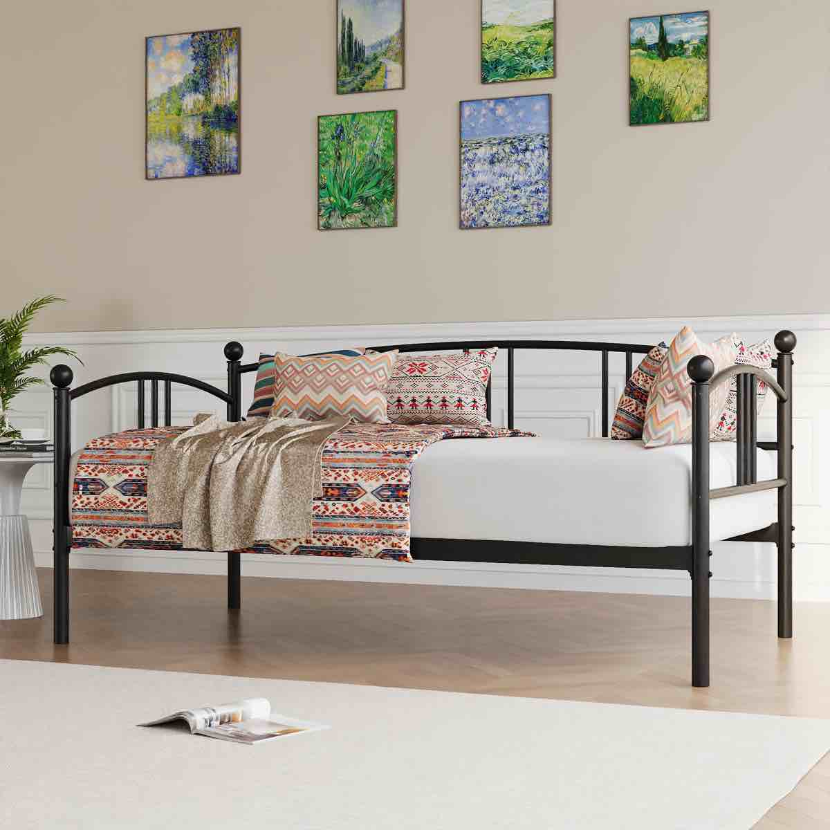Daybed Sturdy Metal Day Bed with Steel Slat Support, Bed Twin with Arched Headboard, SofaBed