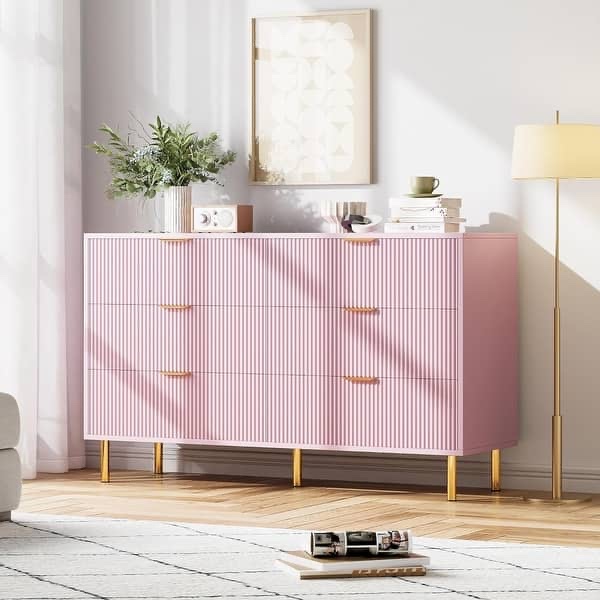 Modern Pink 6 Drawer Dresser for Bedroom, Chest of Drawers with Gold Handles, Wood Storage Organizer Entryway