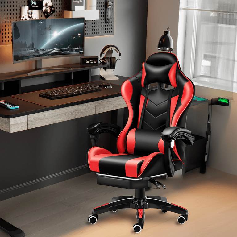 Alvantor Gaming Chair with Adjustable Footrest & Lumbar Support, High Back Office Chair, Black & Red