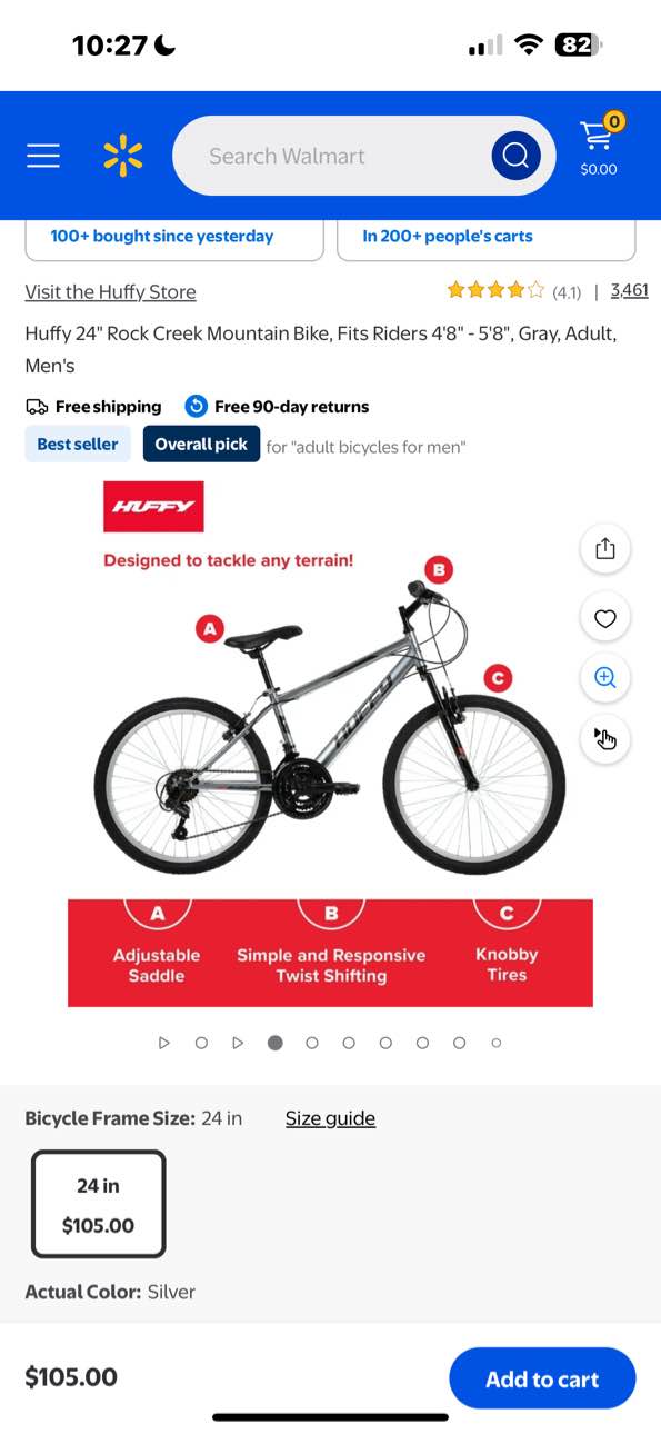 Huffy 24" Rock Creek Mountain Bike, Fits Riders 4'8" - 5'8", Gray, Adult, Men's