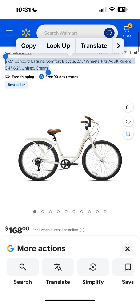 27.5" Concord Laguna Comfort Bicycle, 27.5" Wheels, Fits Adult Riders 5'4"-6'2", Unisex, Cream