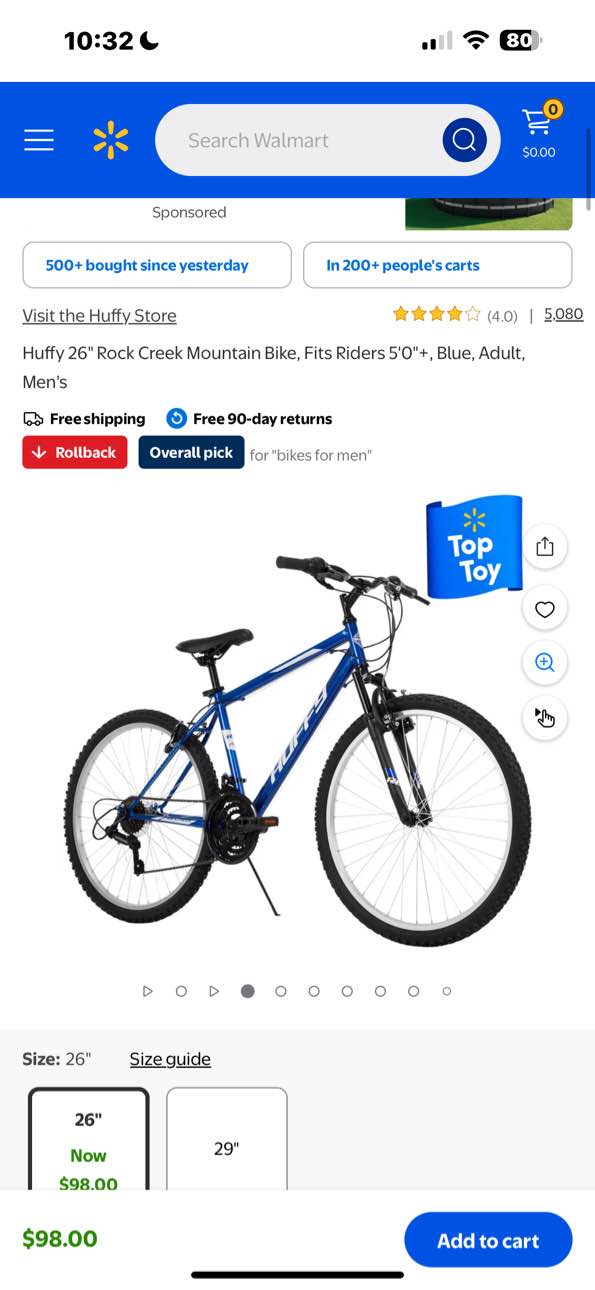 Huffy 26" Rock Creek Mountain Bike, Fits Riders 5'0"+, Blue, Adult, Men's