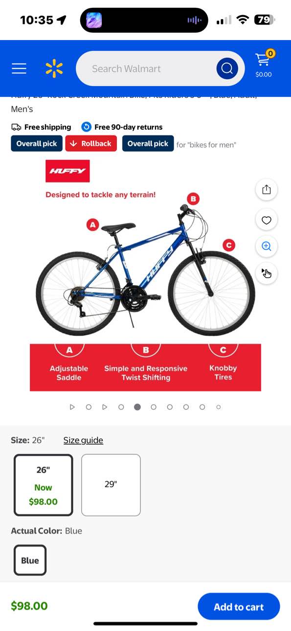 Huffy 26" Rock Creek Mountain Bike, Fits Riders 5'0"+, Blue, Adult, Men's