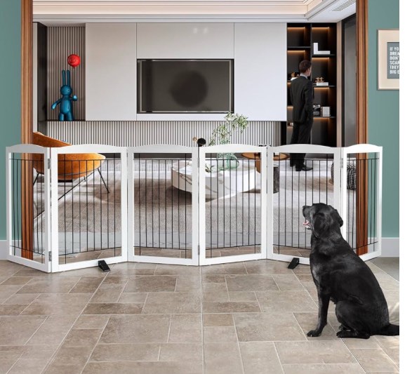 ZJSF Freestanding Dog Fence Indoor, Foldable Dog Gate for Doorways, Stairs or Hallways, Sturdy Wood Extra Wide Pet Gate with Support Feet for The House, White, 32 "Height-6 Panels