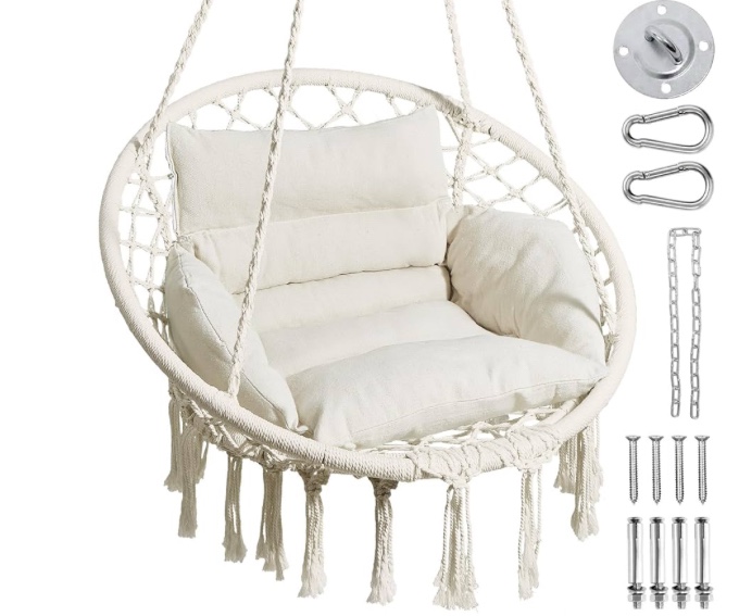 Greenstell Hammock Chair, Macrame Swing Chair with Comfy Cushion, Boho Hanging Chair for Outdoor & Indoor, Perfect for Bedroom, Patio, Balcony, Hold up to 330Lbs, Beige