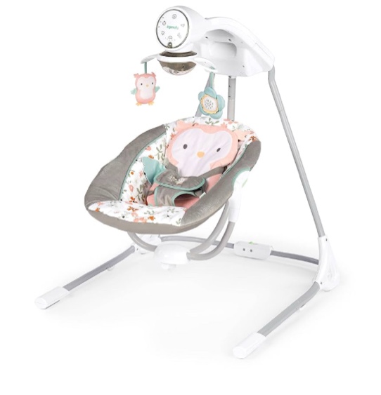 Ingenuity InLighten 5-Speed Baby Swing - Swivel Infant Seat, 5 Point Safety Harness, Nature Sounds, Lights - Nally Owl