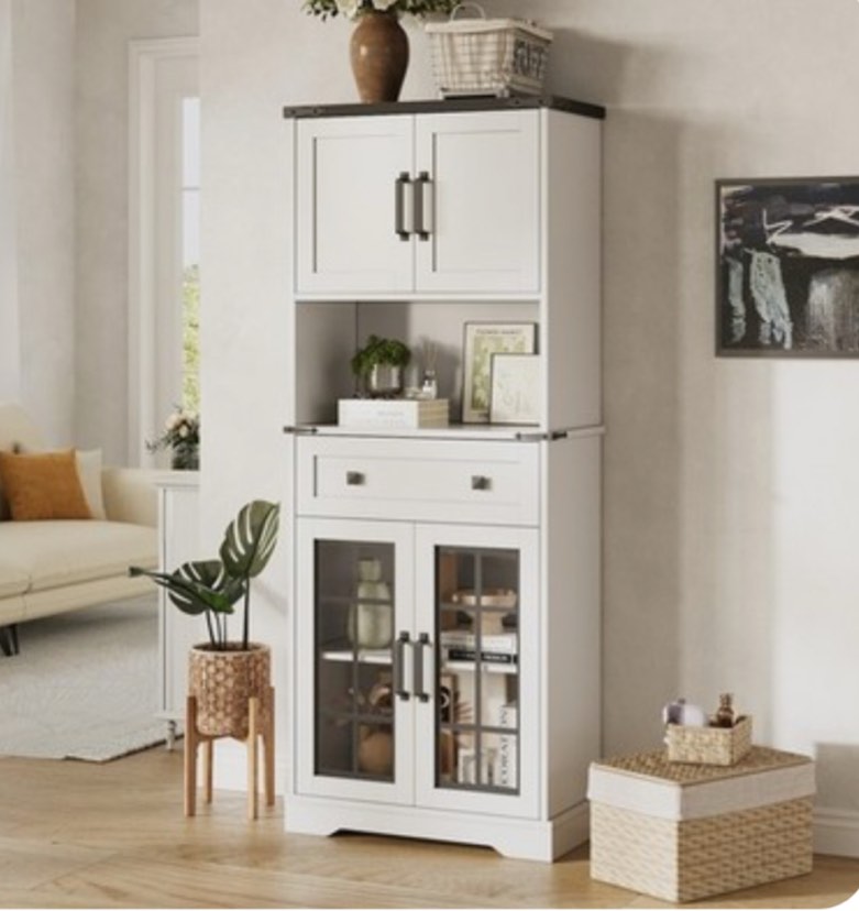 Farmhouse 59.4" Tall Kitchen Pantry Storage Cabinet, Modern 4 Doors & Adjusta...