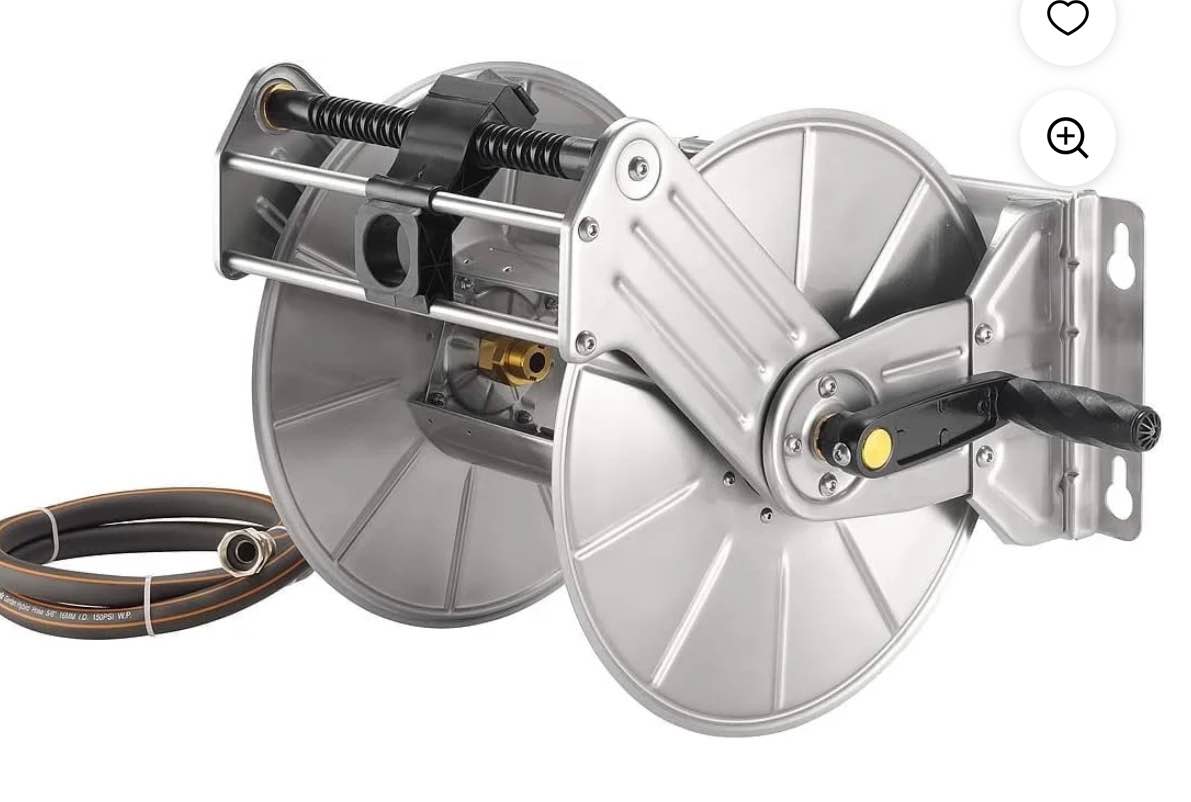 giraffe tools stainless steel garden hose reel, heavy duty, wall/floor mounted with crank, 5/8in-150ft hose capacity