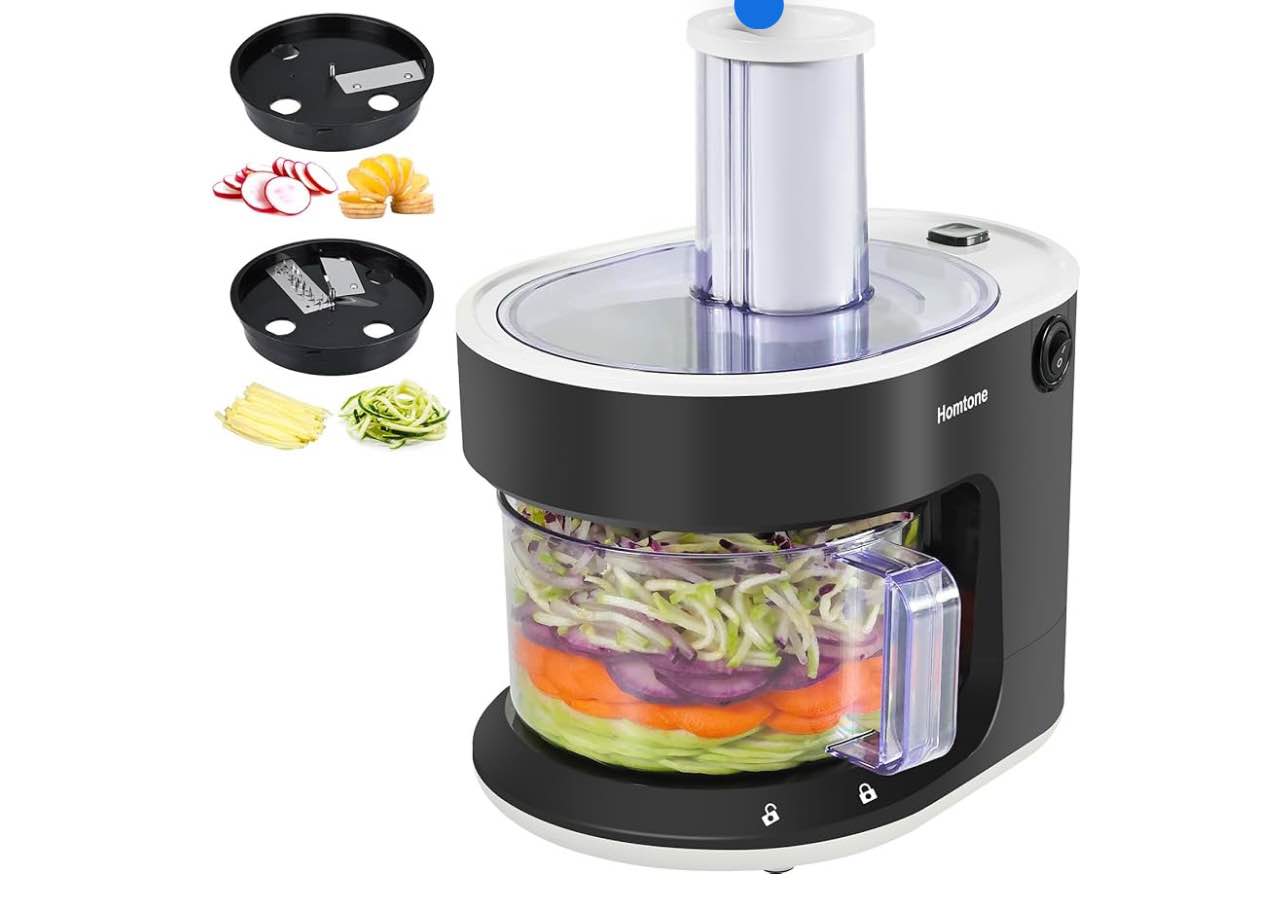 Homtone 4-in-1 Vegetable Spiralizer for Noodles, 6 Cup Electric Slicer for Vegetables and Fruit, Making Zucchini Spiralizer Noodle, Ribbons, Slice and Julienne, 300W, Black ( USED)