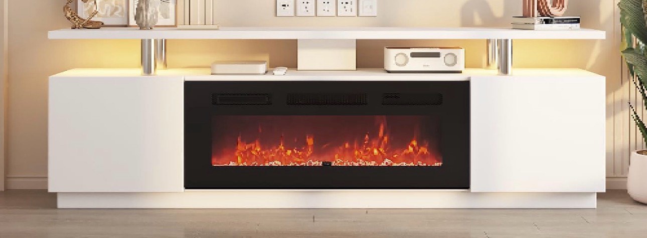 Garvee 70" TV Console with Fireplace, Entertainment Center W/Storage and 12 Colors LED Lights for TVs up to 80 Inch, White ( 2 BOXES TOTAL)