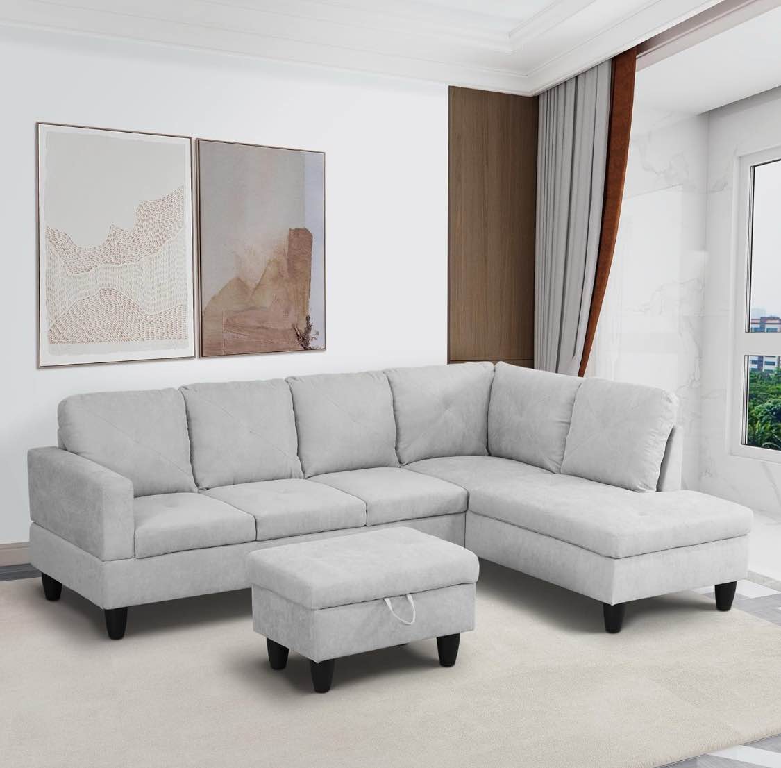 SONGG 3-Piece Flannelette L-Shaped Sectional Sofas, Button Tufted Upholstered Couch Set with Right Chaise Longue and Storage Ottoman, for Living Room, Home, Office ( incomplete)