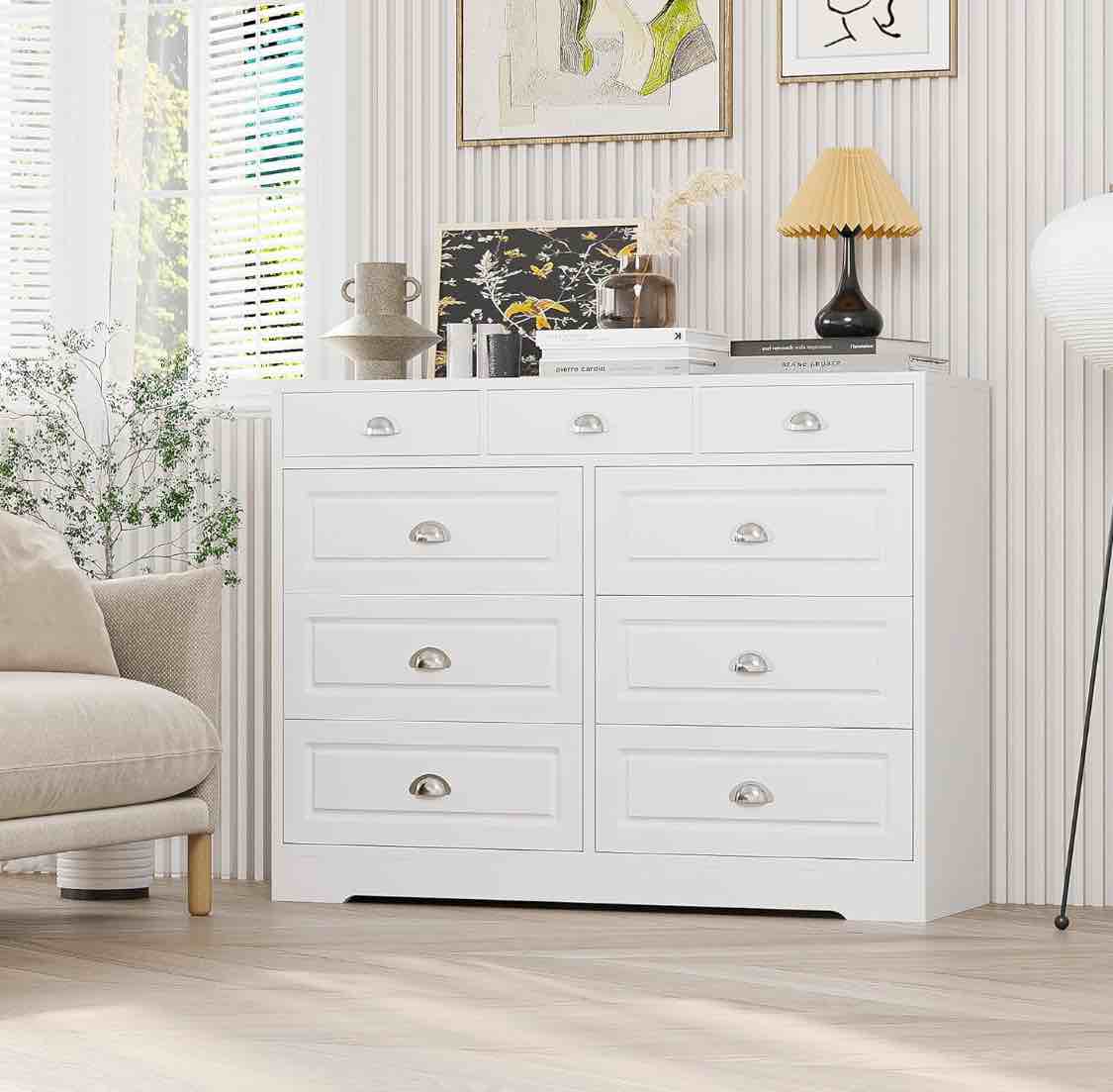 Meilocar 9 Drawer Dresser for Bedroom, White Dresser with 9 Drawers 36in Modern Tall Chest of Drawers for Closet with Metal Handles, Wood Storage Cabinet for Living Room, Bedroom(White)