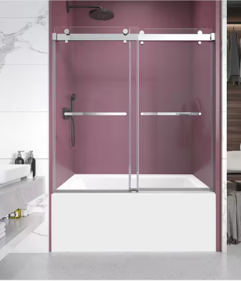 60 in. W x 66 in. H Double Sliding Frameless Shower Tub Door in Chrome with Clear 3/8 in. Glass
