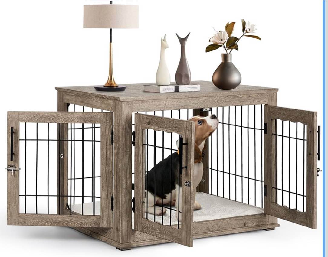 Dog Crate Furniture with Cushion,Dwell Living 32 inch Wooden Kennel Table with Double Doors, Indoor Dog House End Table for Small/Medium Dog, Grey (32x23x26in)