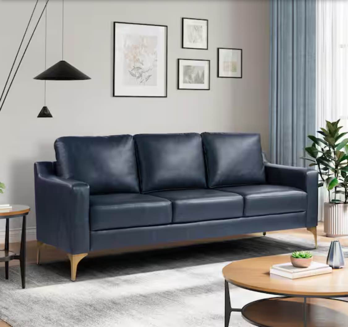 Francis 78 in. Square Arm Faux Leather Rectangle Sofa in Navy Blue