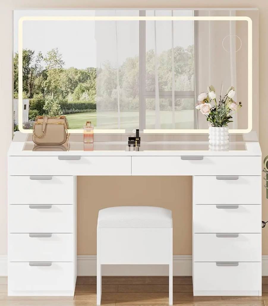 YITAHOME Vanity Set with LED Mirror, 10 Drawers, Stool Included