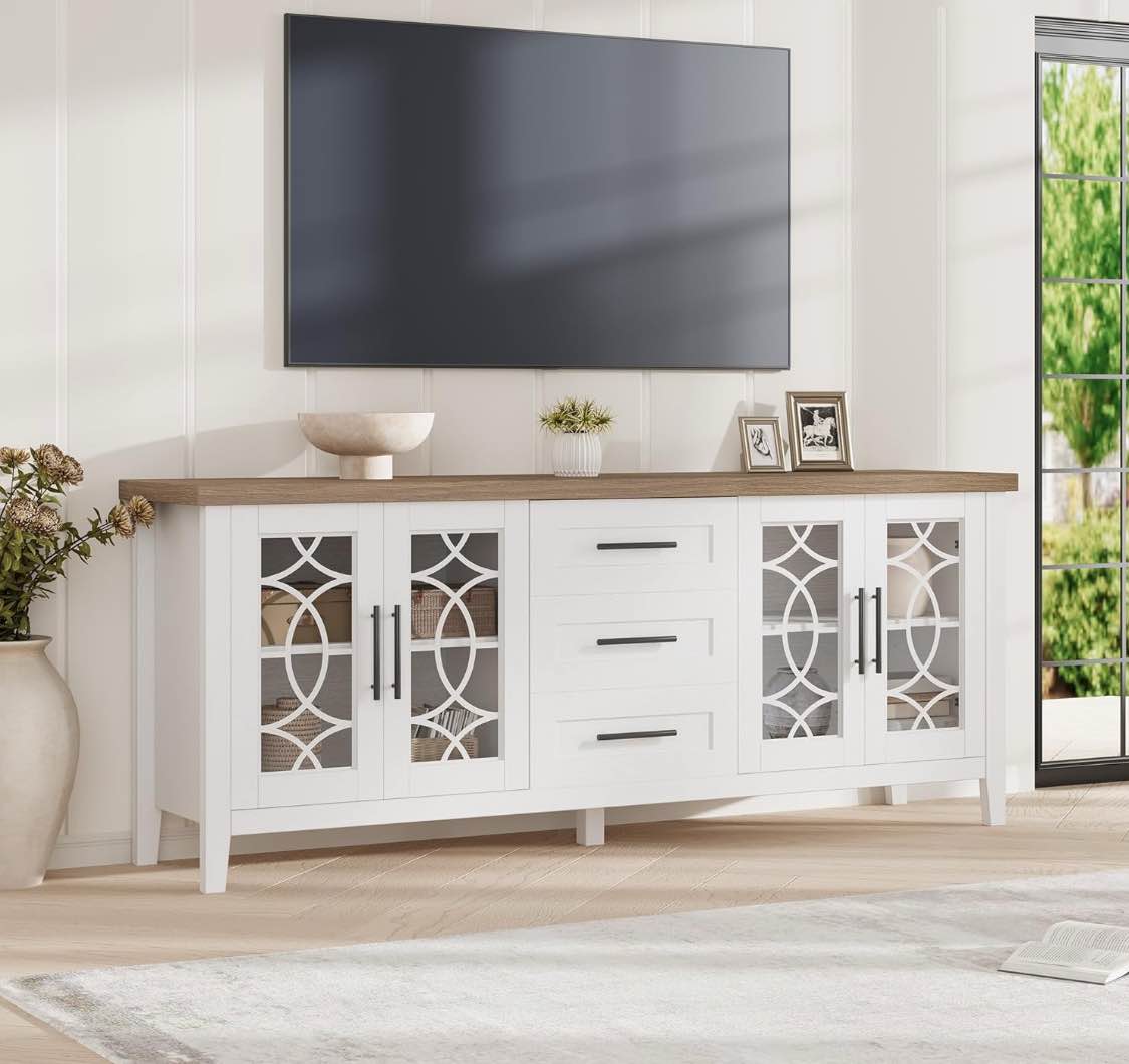 GarveeHome Farmhouse TV Stand for Living Room, Mid Century Modern Entertainment Center with Glass Door, Rustic Television Stands 2 Storage Door & 3 Drawer for 70 inch tv for Bedroom (White Brown)
