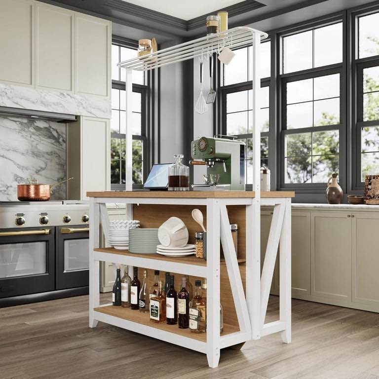 Wooden Kitchen Island with Power Outlet & LED Lights, Bakers Rack with Storage, Large Kitchen Island Table with 3 Tier Microwave Stand Oven Shelf, Coffee Bar Table with 6 Hooks 47.2" * 28" * 72"