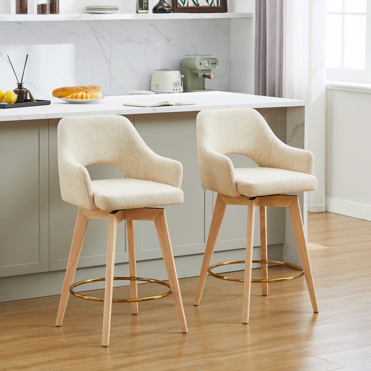 Lovetro Swivel Full Back Linen Upholstered 26.8"H Counter Stool with Solid Wood Frame and Arms