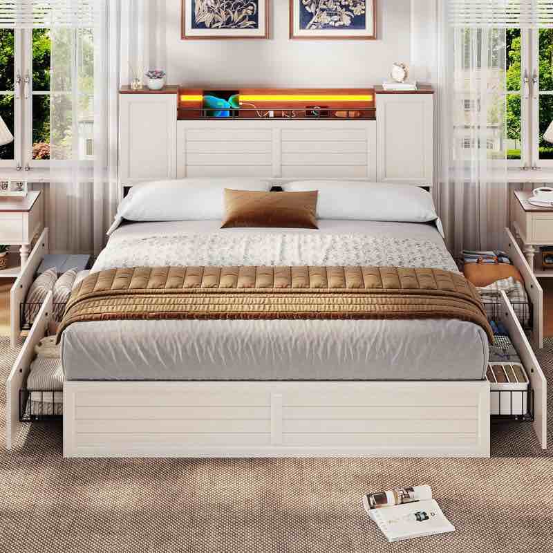 farmhouse bed frame with double barn door storage headboard rustic wooden bed with 4 drawers and led lights full