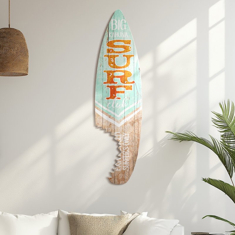 Kersh Big Kahuna Surf Club Shark Bite Surfboard Plaque Coastal Beach Wall Decor Sign 60"