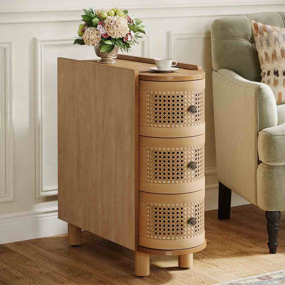 Wood End Table, 3-Drawer Side Table NightStand with 3 Rattan Drawers