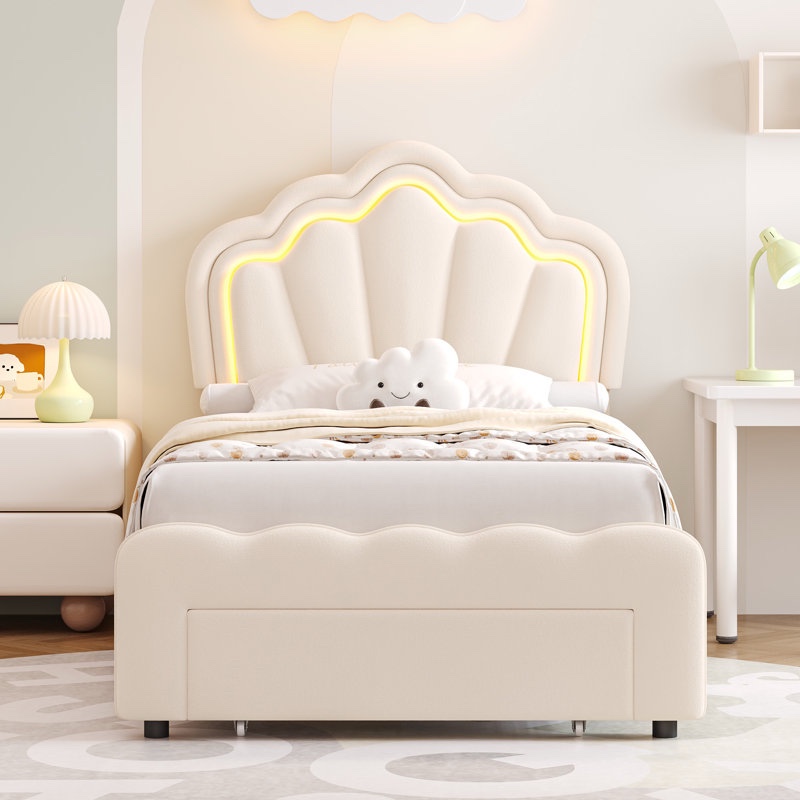 Avalie Upholstered LED Bed with Drawer & Adjustable Headboard, Kids Beds