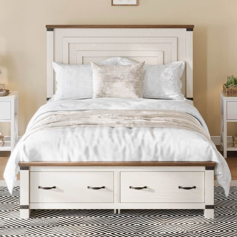 Farmhouse Wood Platform Bed Frame with 54" Tall Geometric Headboard & Footboard