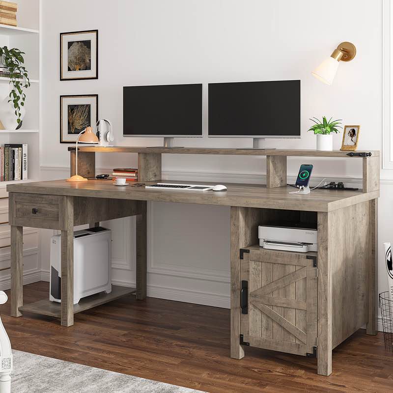 55" Computer Desk With Drawers Home Office Desk With Drawers With Monitor Shelf Farmhouse Wood Desk With Power Outlets