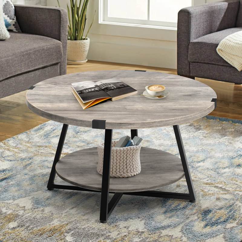 Jahaira Round Coffee Table with 2-Tier Storage Shelves