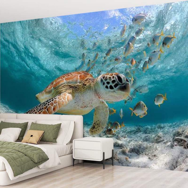 Peel and Stick Wallpaper Wall Mural Turtle closeup school fish Wall Art Self Adhesive and Removable
