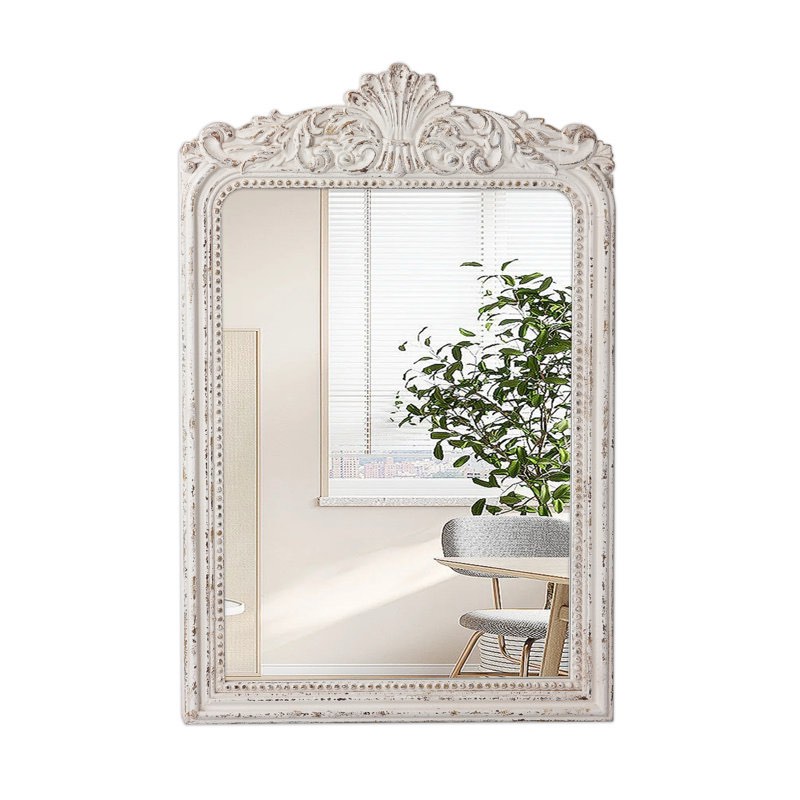 Vintage Ornate Wood Framed Mirror Decorative For Wall 24" x 36", Hanging Distressed White Rustic Wall Mirrors