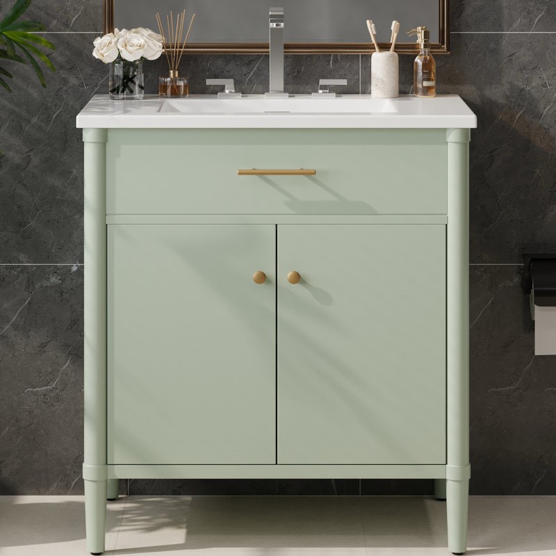 Arden 30" Contemporary Curved Bathroom Vanity With Ceramic Sink And Interior Storage