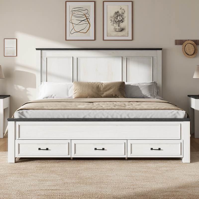 farmhouse wood platform bed frame with 52.2" tall headboard, large storage drawers