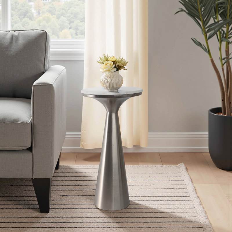 modern metal and marble accent table, round side table with sleek tapered base, contemporary end table for living room or bedroom