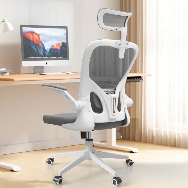 Sevobal Task And Office Chairs Ergonomic Office Chair With Headrest, Lumbar Support And Flip Up Arms, Adjustable Height, White, 24.6" x 20" x 49.2"