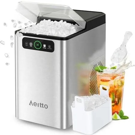 Aeitto Nugget Ice Maker 40Lbs/24H, Countertop Soft Chewable Ice Pebble Ice Machine, One-Click Operation, Auto Self-Cleaning Ice Makers with Scoop&Basket for Home, Office, Kitchen, Party (Grey)