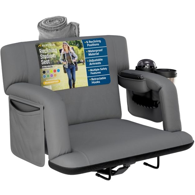 Reclining Stadium Seat for Bleachers with Back Support, Armrests, Cup Holder, Large Pockets, and Waterproof (GRAY SHADE MAY VARY FROM STOCK PHOTO)