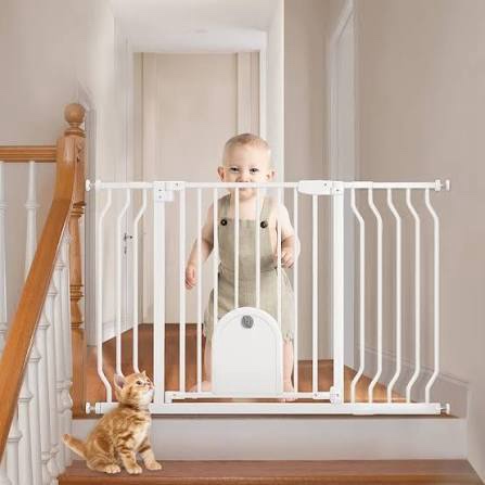 baby gates with cat door - auto close 29.5"-48.4" safety metal dog pet gate for doorway, stairs, house, walk through child gate with pet door, includes 4 wall cups and 2 extension pieces