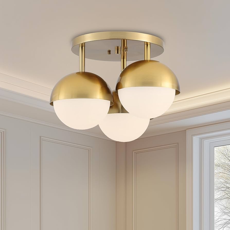 Popity home Globe Flush Mount 3-Light Ceiling Light, Mid Century Modern Brass Gold Ceiling Light Fixture with Globe White Frosted Glass Shade for Bedroom Hallway Entryway Kitchen Living Room