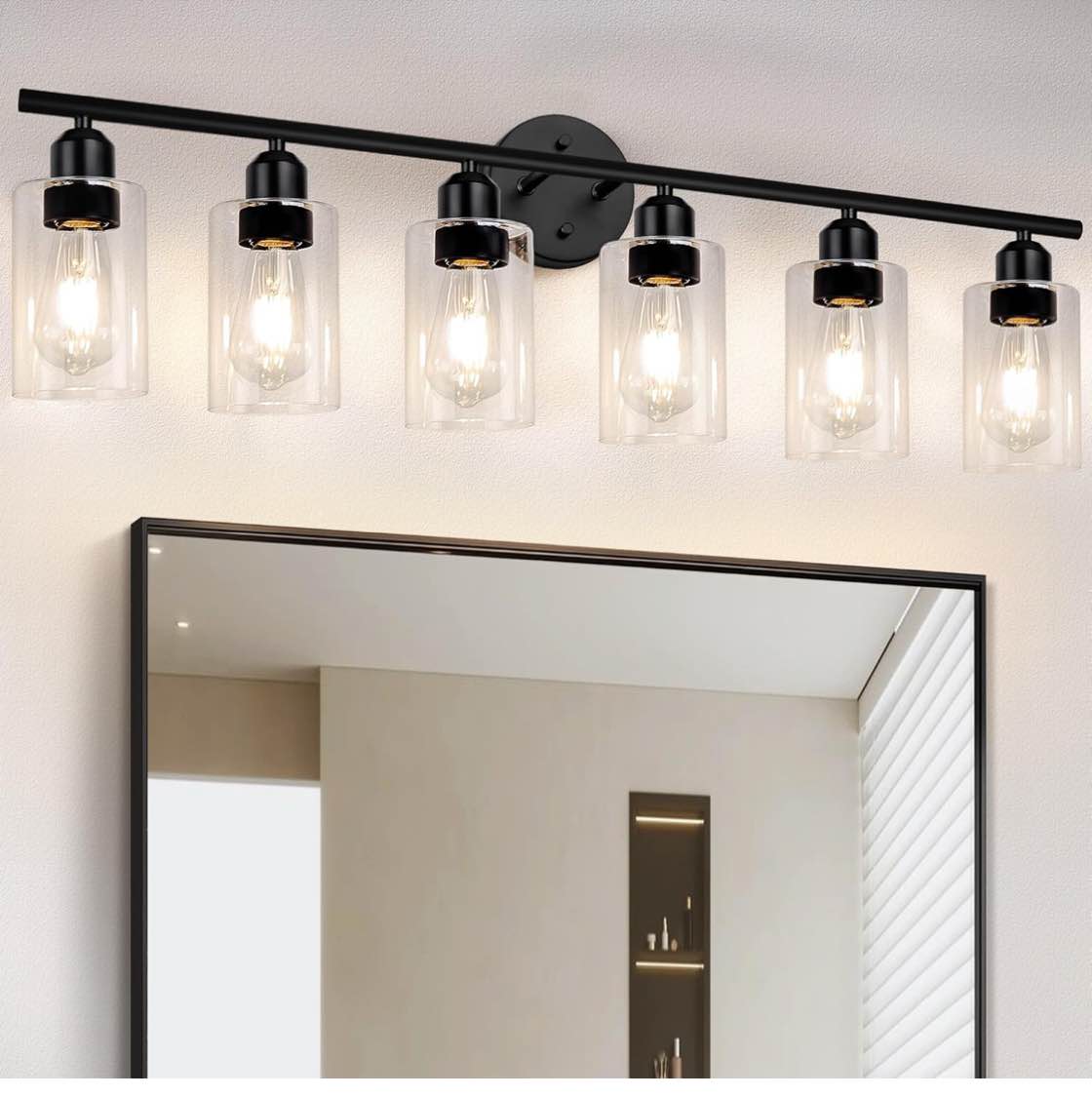 Espird 6 Lights Bathroom Vanity Light Fixtures Matte Black,Rustic Farmhouse Vanity Lighting Over Mirror Modern Industrial Lamp with Cylinder Glass Shade