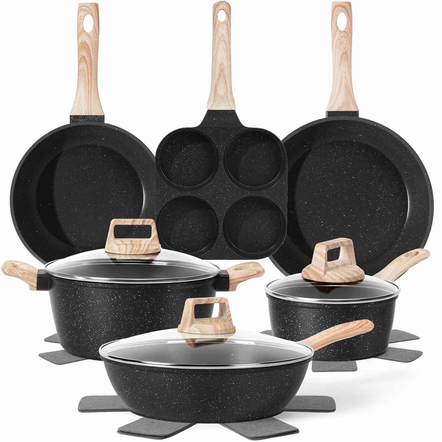 soday 13 pcs pots and pans set non stick kitchen cookware sets nonstick induction cookware non-toxic black granite cooking tools with stay-cool handles, silicone tools (pfos/pfoa free)