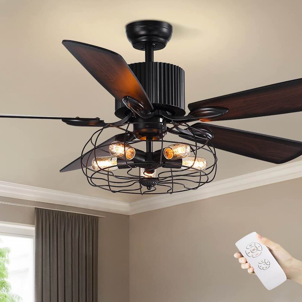 52 Inch Industrial Caged Ceiling Fan With Remote Control, Vintage Black Ceiling Fan With Light - 52''-5 Lights